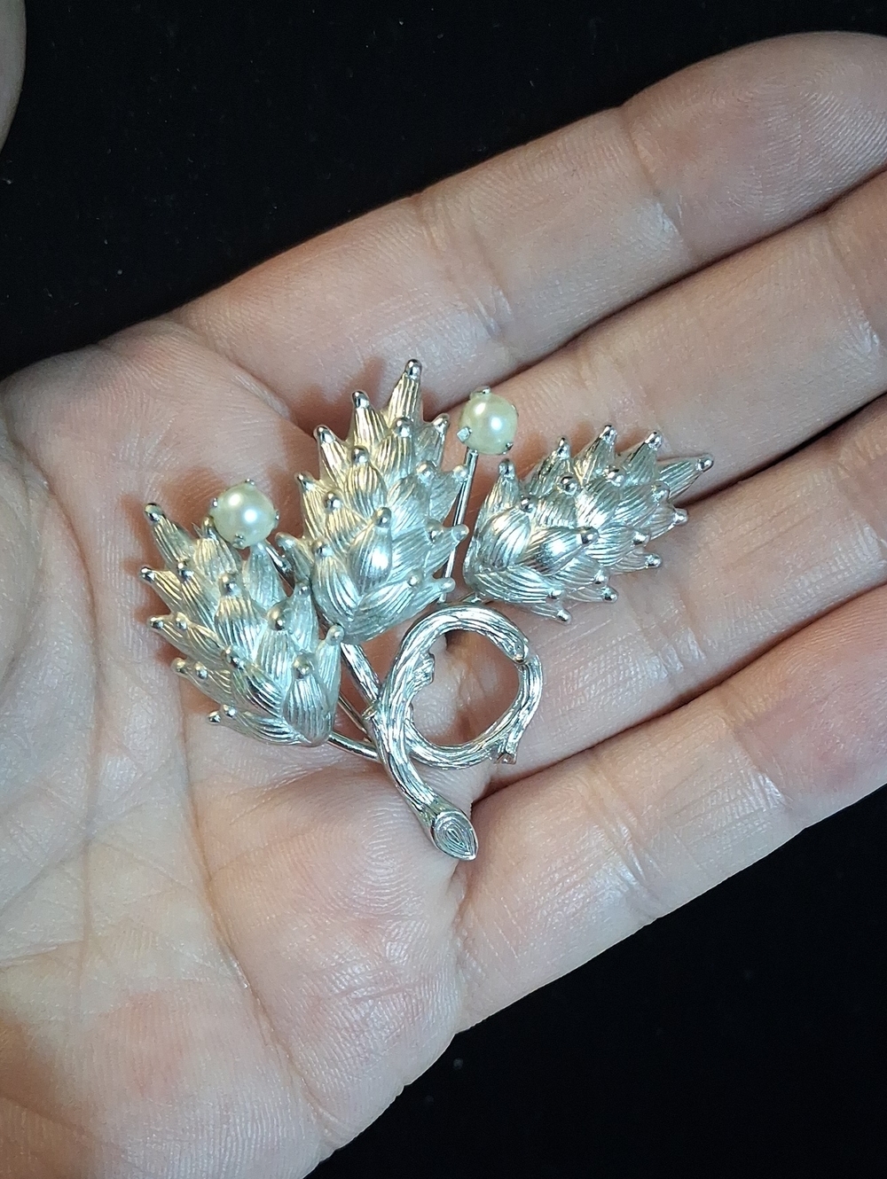 12k Gold Filled CR CO Charles Reis Silvertone Pearl Floral Pin Brooch Vintage